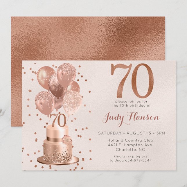 Rose Gold Cake 70th Birthday Invitation (Front/Back)