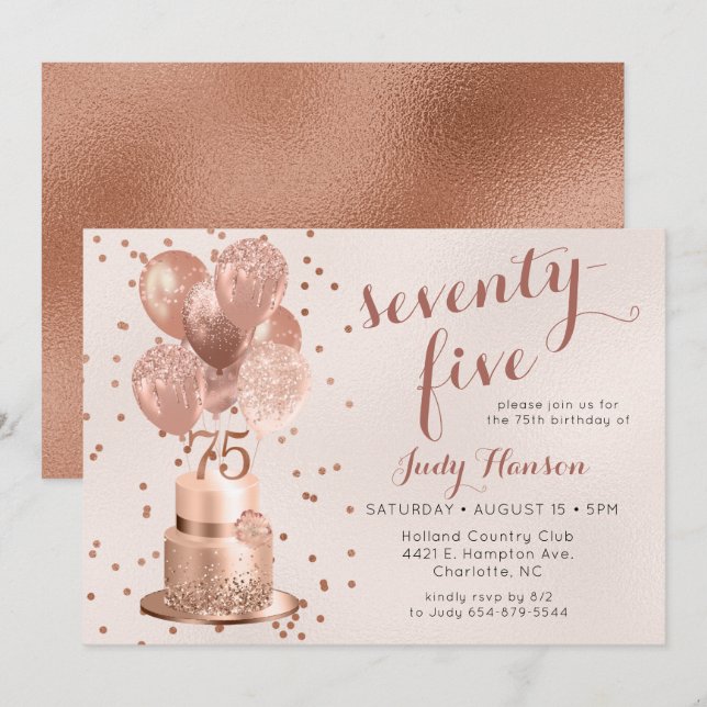 Rose Gold Cake 75th Birthday Invitation (Front/Back)