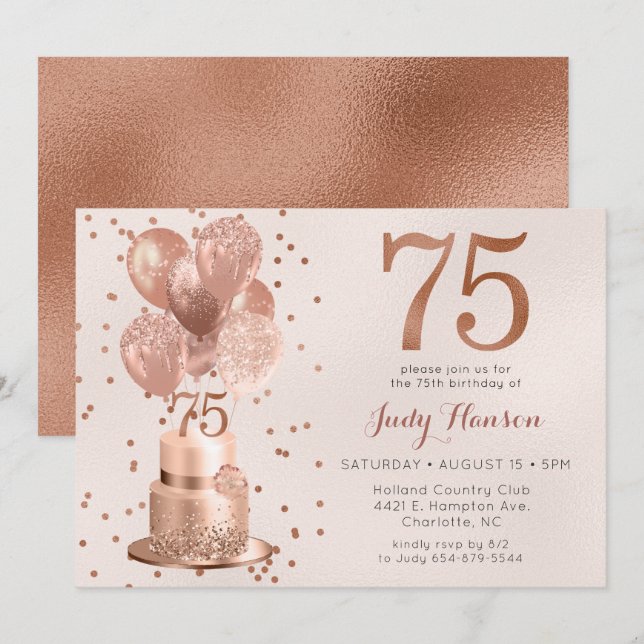 Rose Gold Cake 75th Birthday Invitation (Front/Back)