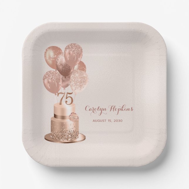 Rose Gold Cake 75th Birthday Paper Plate (Front)