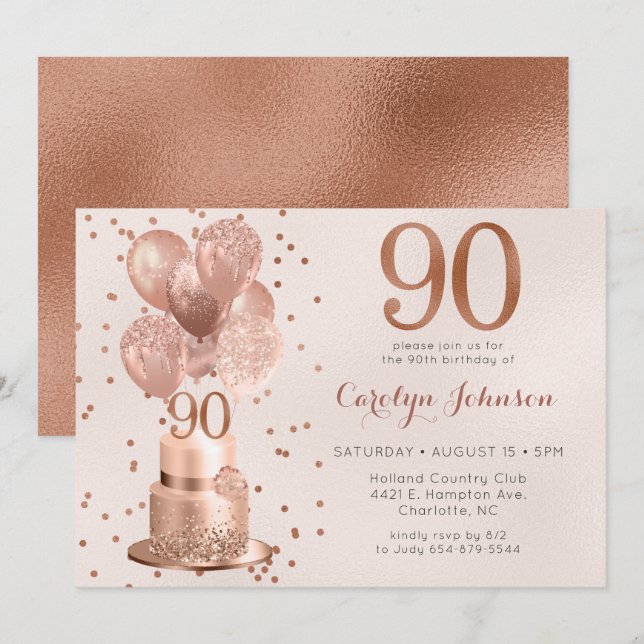 Rose Gold Cake 90th Birthday Invitation (Front/Back)
