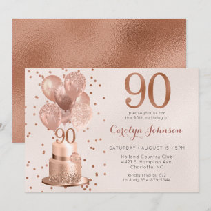 Rose Gold Cake 90th Birthday Invitation