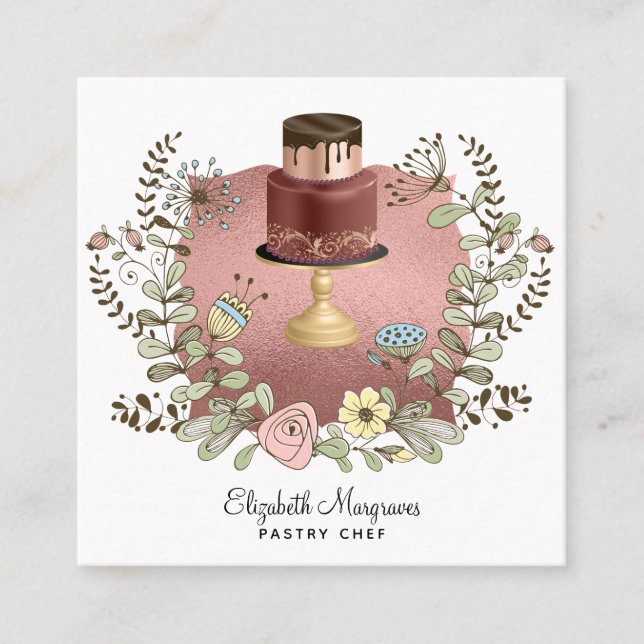 Rose Gold Cake Bakery Baker Pastry Chef Square Bus Square Business Card (Front)