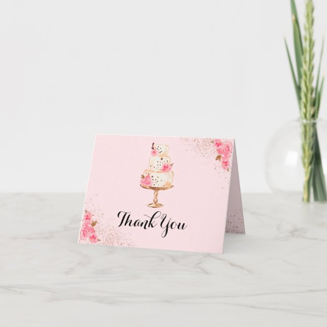 Rose Gold Cake Bridal Shower Thank You Card (Front)