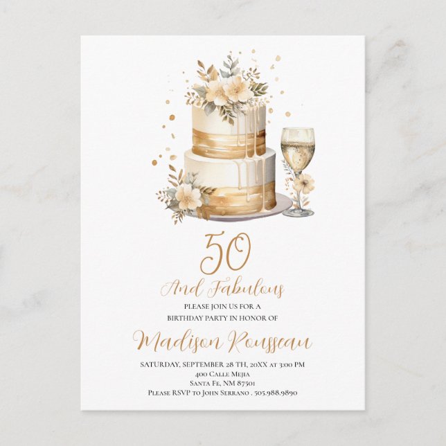 Rose Gold Cake Champagne 50th Birthday  Invitation Postcard (Front)