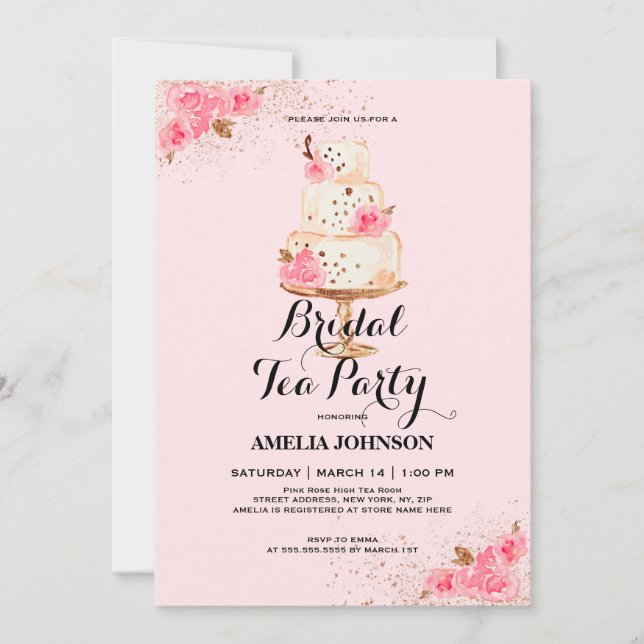 Rose Gold Cake Tea Party Bridal Shower Invitation (Front)