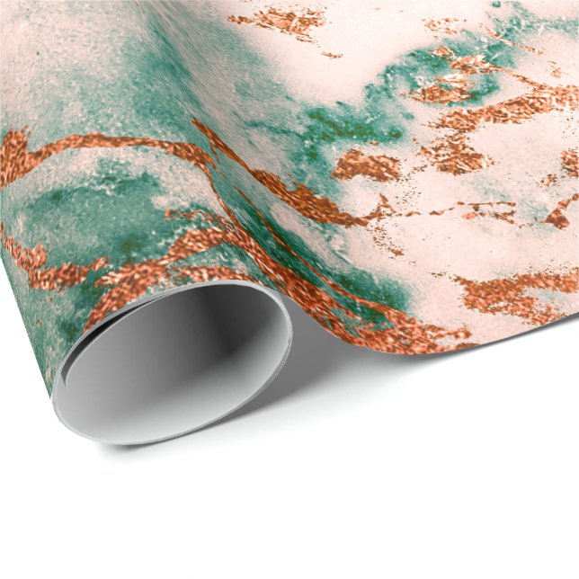 Rose Gold Cali Deep Green Marble Stone Copper Wood Wrapping Paper (Roll Corner)