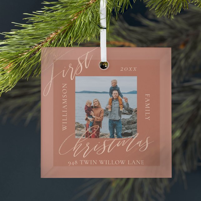 Rose Gold Calligraph Christmas New Home Photo Glass Tree Decoration (Rose Gold Calligraph Christmas New Home Photo Glass Ornament)