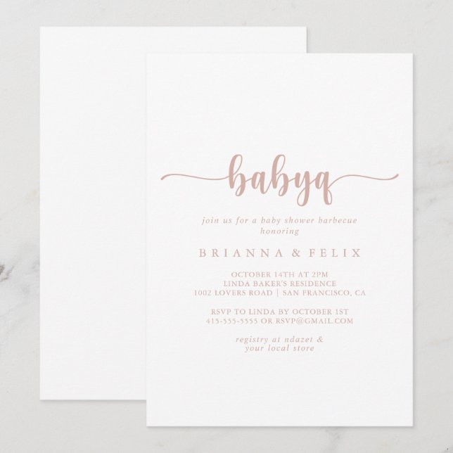 Rose Gold Calligraphy BabyQ Baby Shower Barbecue  Invitation (Front/Back)