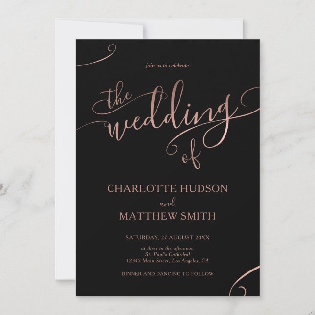 Rose Gold Calligraphy | Black Wedding Invitation  (Front)