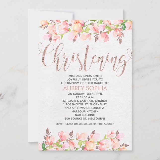 Rose Gold Calligraphy Christening Invitation (Front)