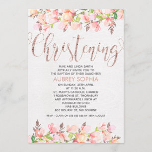 Rose Gold Calligraphy Christening Invitation