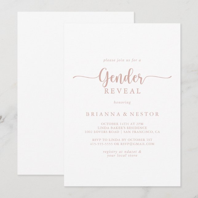 Rose Gold Calligraphy Gender Reveal Party   Invitation (Front/Back)