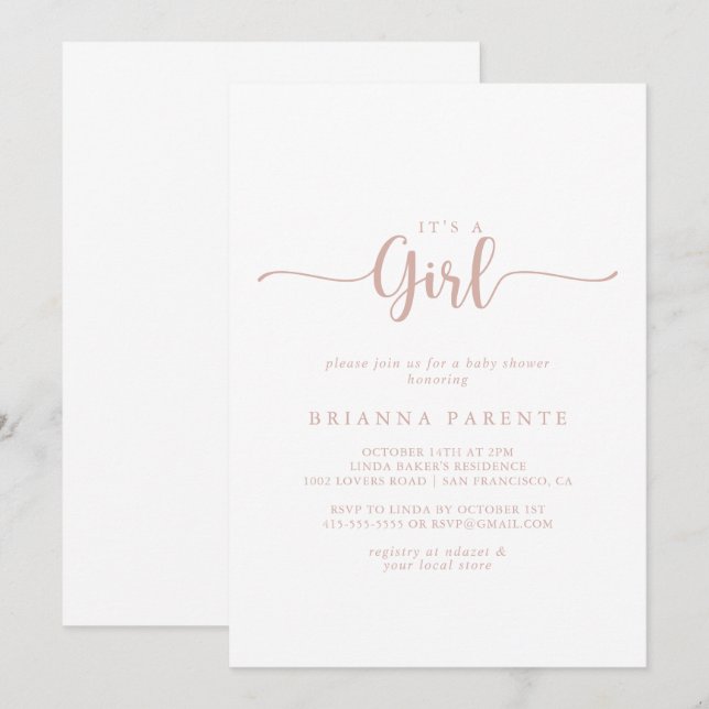 Rose Gold Calligraphy It's A Girl Baby Shower  Invitation (Front/Back)