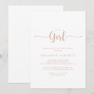 Rose Gold Calligraphy It's A Girl Baby Shower  Invitation