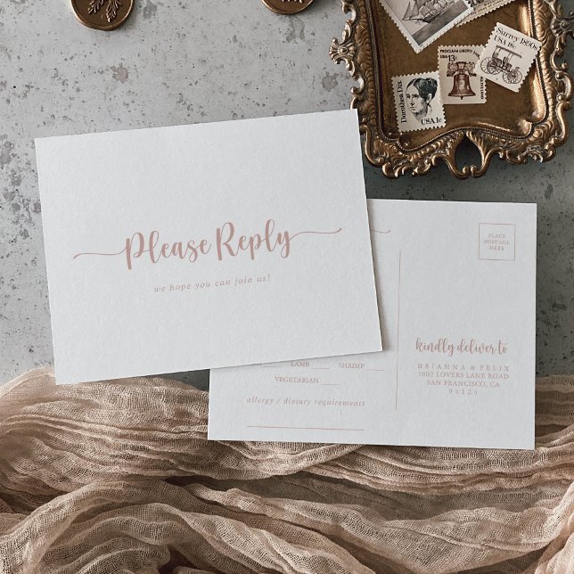 Rose Gold Calligraphy Menu Choice RSVP  Postcard (Creator Uploaded)