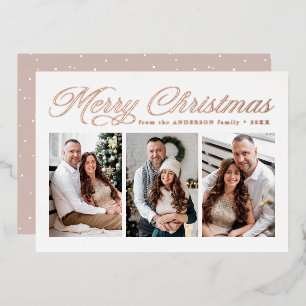 Rose Gold Calligraphy Merry Christmas 3 Photo Foil Holiday Card