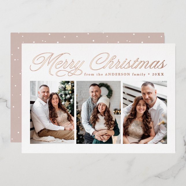 Rose Gold Calligraphy Merry Christmas 3 Photo Foil Holiday Card (Front/Back)