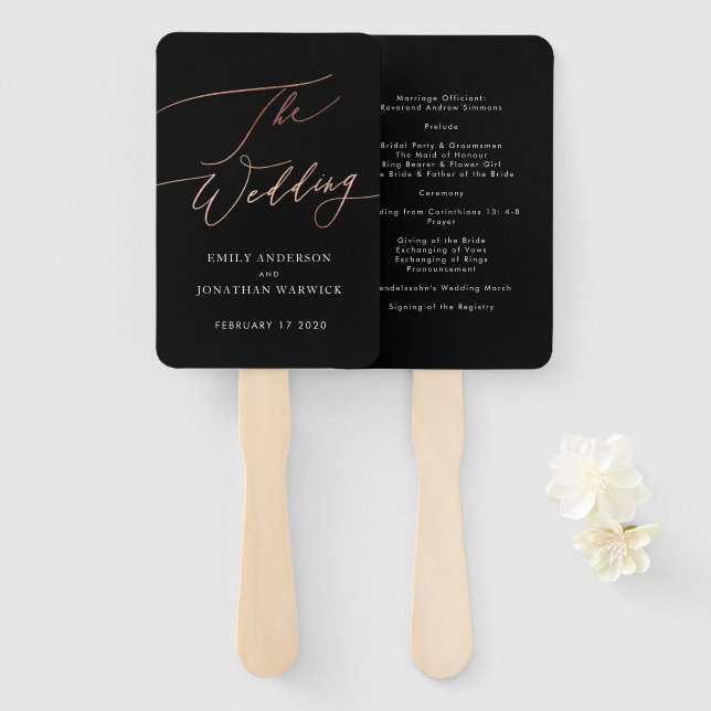 Rose Gold Calligraphy Modern Calligraphy Wedding Hand Fan (Front and Back)