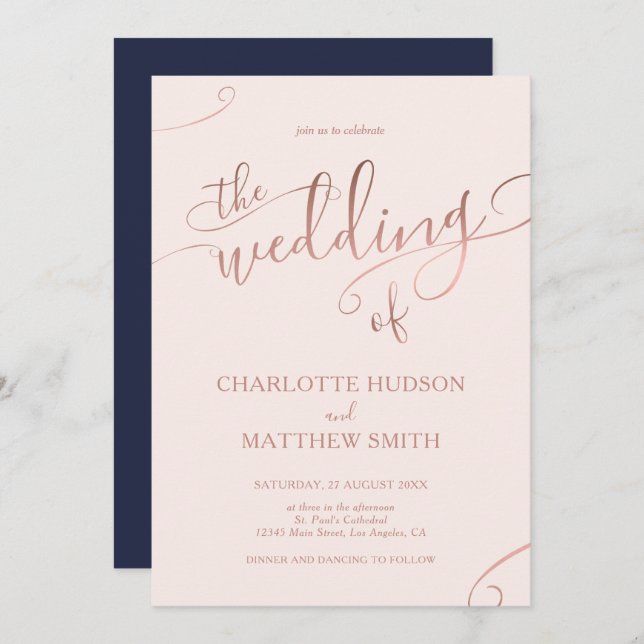 Rose Gold Calligraphy | Navy Wedding Invitation  (Front/Back)