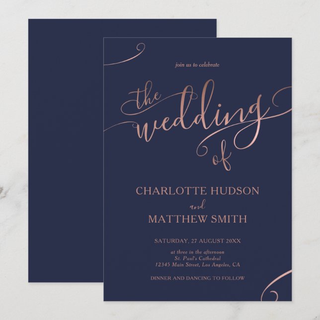 Rose Gold Calligraphy | Navy Wedding Invitation  (Front/Back)