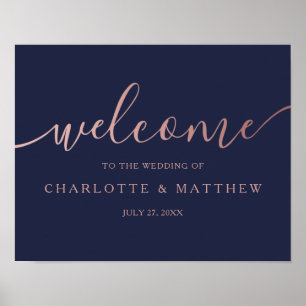Rose Gold Calligraphy Navy Welcome Wedding Poster