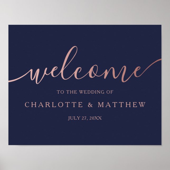 Rose Gold Calligraphy Navy Welcome Wedding Poster (Front)