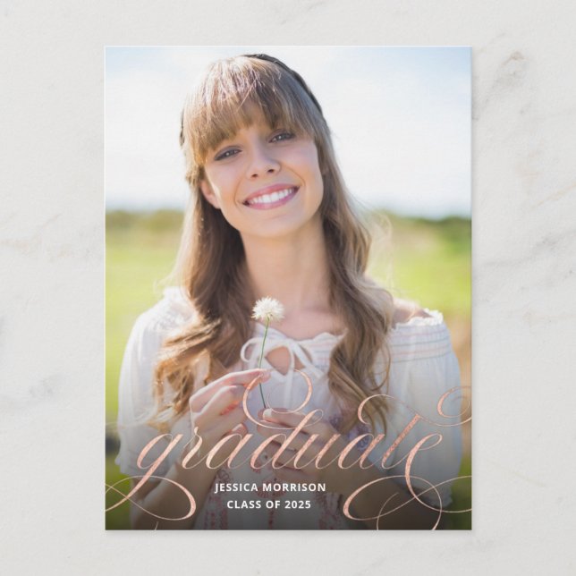 Rose Gold Calligraphy Overlay Photo Graduation  Postcard (Front)