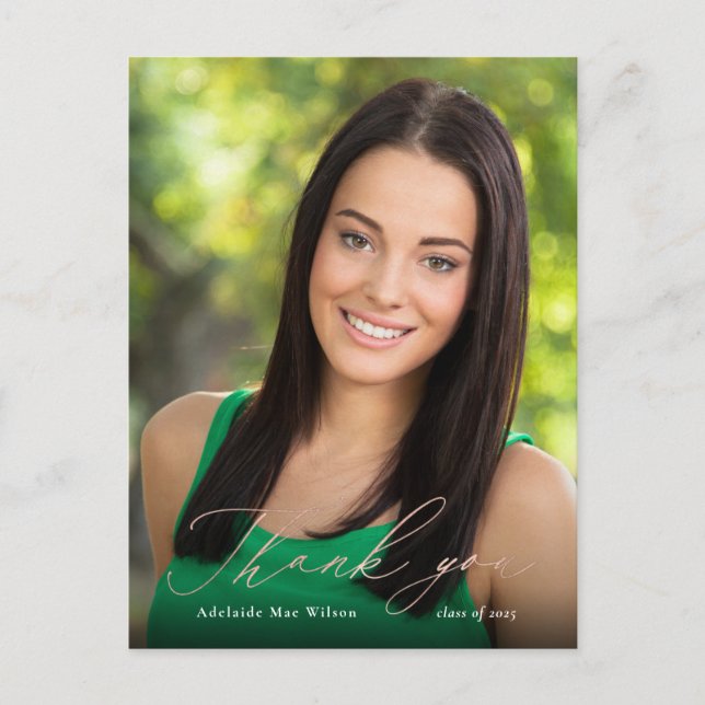 Rose Gold Calligraphy Photo Graduation Thank You Postcard (Front)
