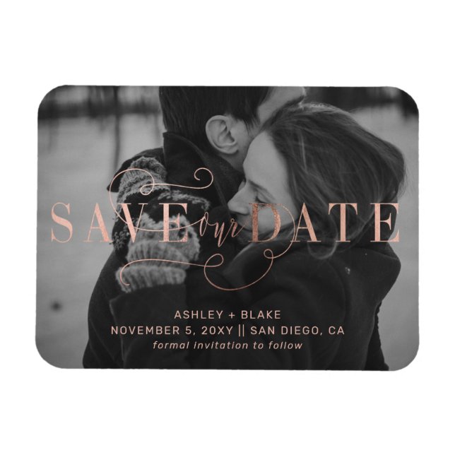 Rose Gold Calligraphy Photo Save the Date Magnet (Horizontal)