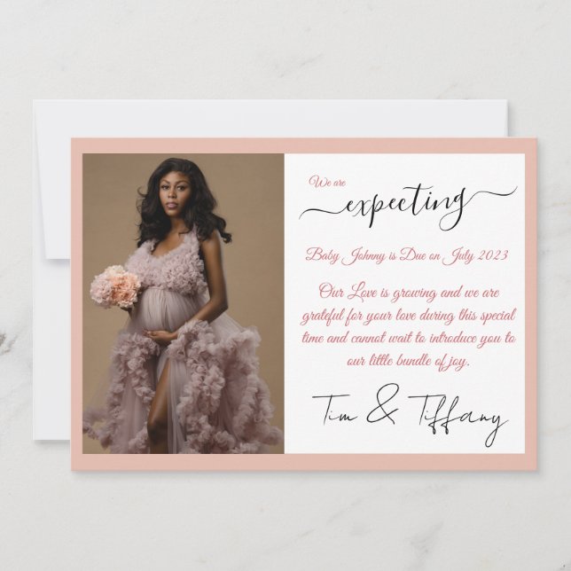 Rose Gold Calligraphy Pregnancy Announcement Card (Front)