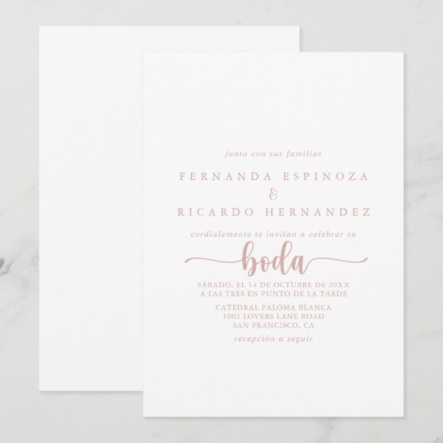 Rose Gold Calligraphy Spanish Wedding   Invitation (Front/Back)
