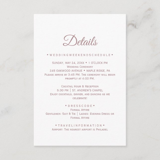 Rose Gold Calligraphy Wedding Details Card (Front)