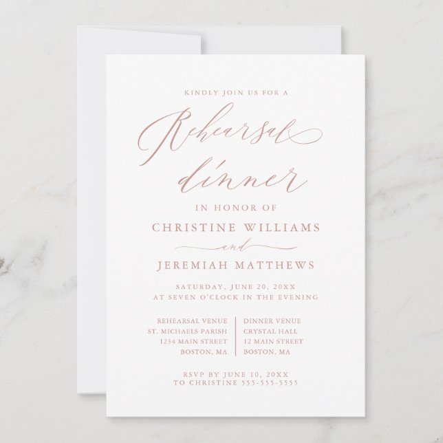 Rose Gold Calligraphy Wedding Rehearsal Dinner Invitation (Front)
