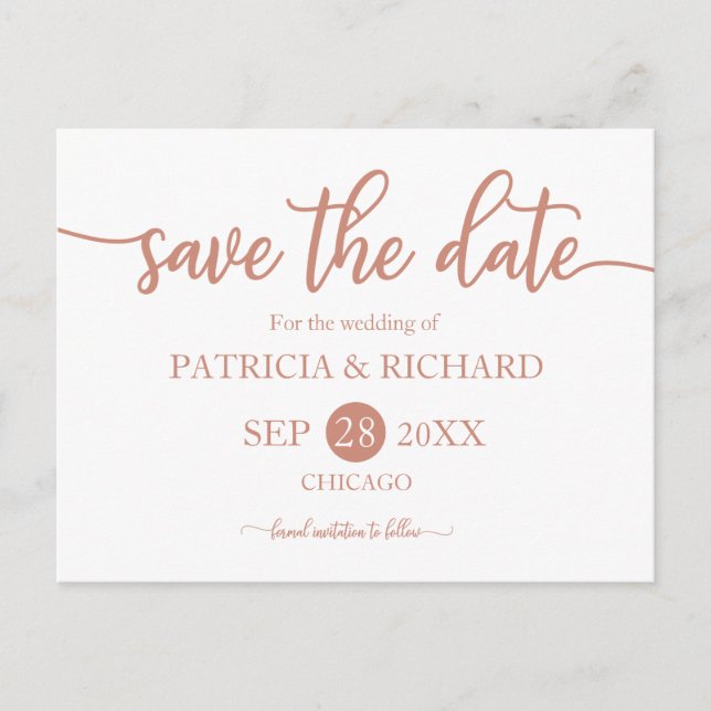 Rose Gold Calligraphy Wedding Save The Date Postcard (Front)