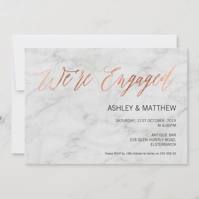 Rose Gold Calligrapy Marble Engagement Invitation (Front)