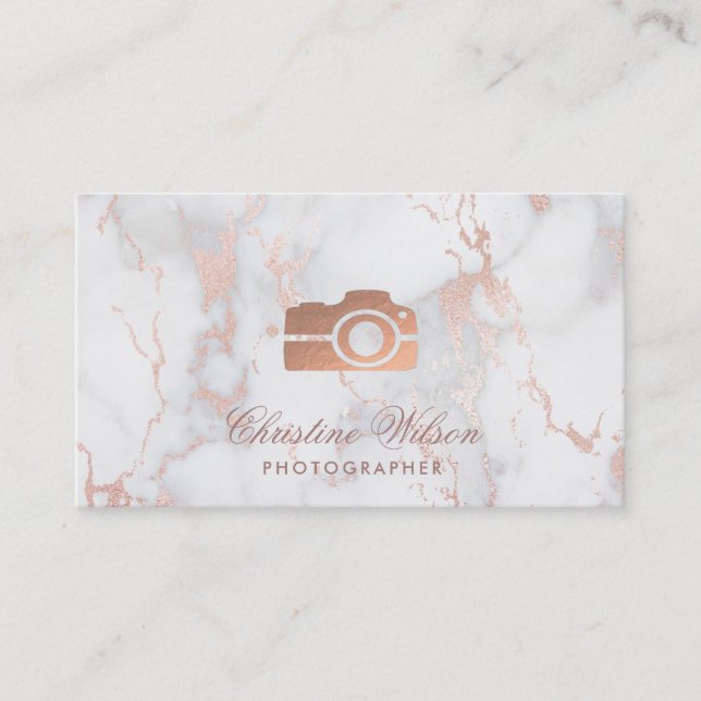 rose gold camera on marble business card (Front)
