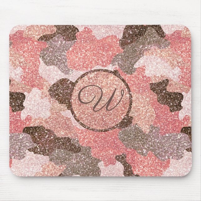 Rose Gold Camo Faux Glitter Camouflage Monogrammed Mouse Mat (Front)