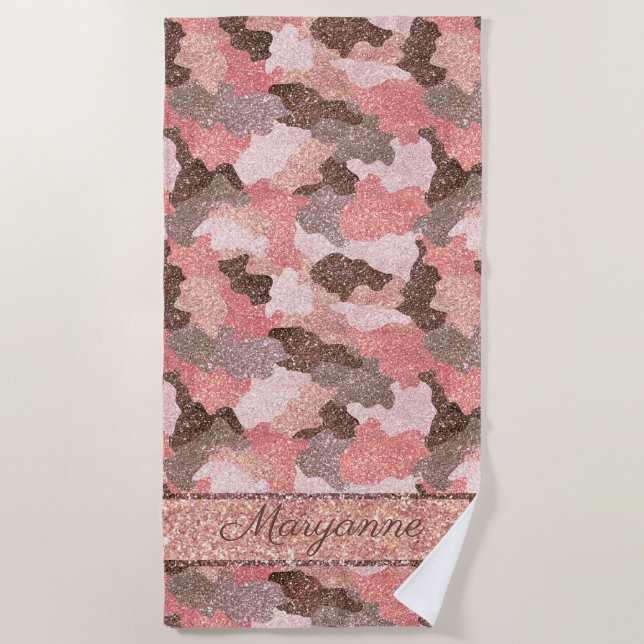 Rose Gold Camouflage Faux Glitter Camo Monogram Beach Towel (Front)