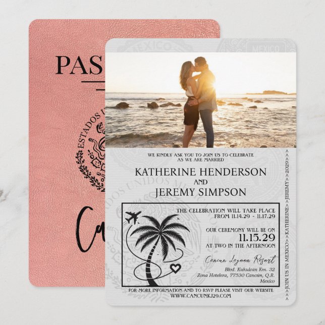 Rose Gold Cancun Passport Wedding Invitation (Front/Back)