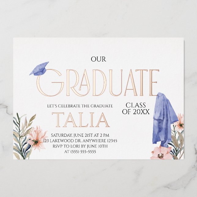 Rose Gold Cap and Gown Graduation Foil Invitation (Front)