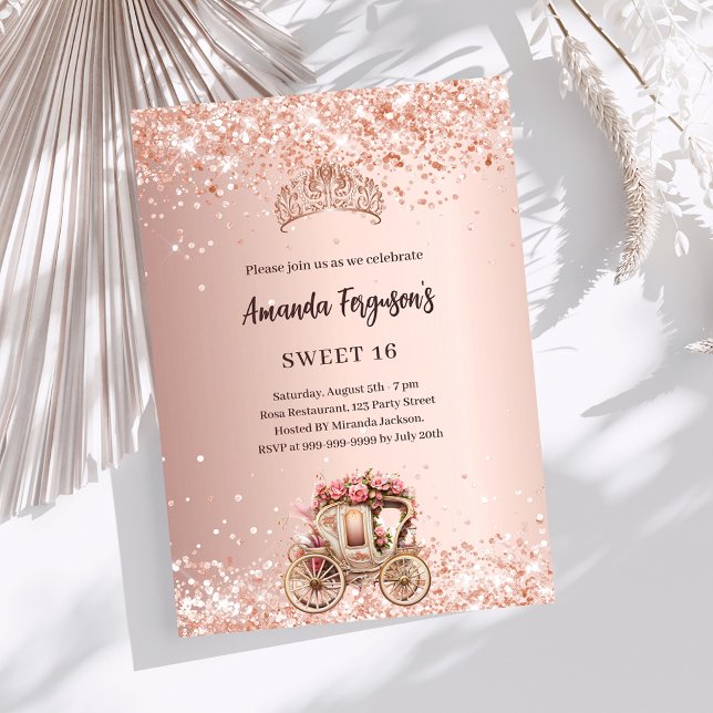 Rose gold carriage tiara glitter Sweet 16 Invitation (Creator Uploaded)