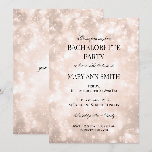 Rose Gold Champagne Bokeh Bachelorette Party Invitation (Front/Back)