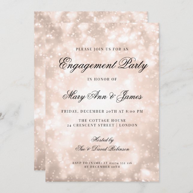 Rose Gold Champagne Bokeh Elegant Engagement Party Invitation (Front/Back)