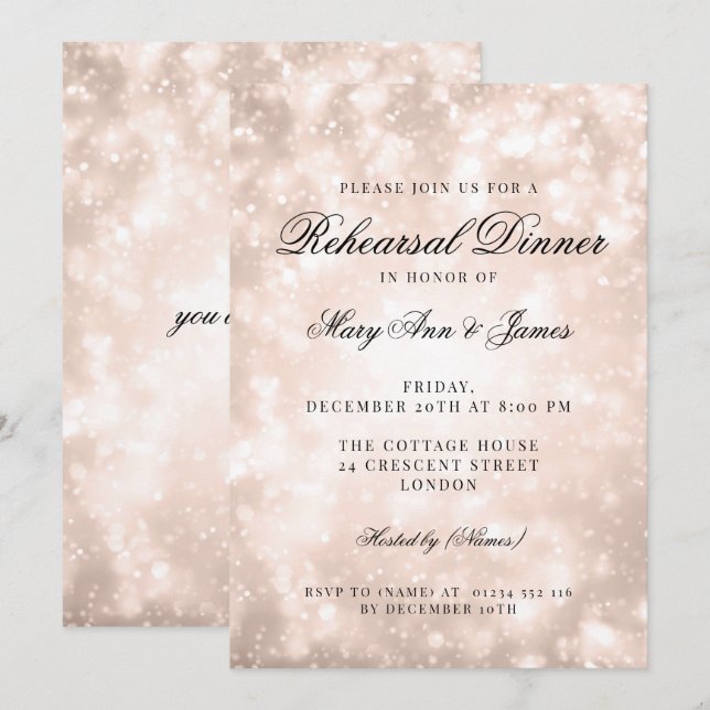 Rose Gold Champagne Bokeh Elegant Rehearsal Dinner Invitation (Front/Back)