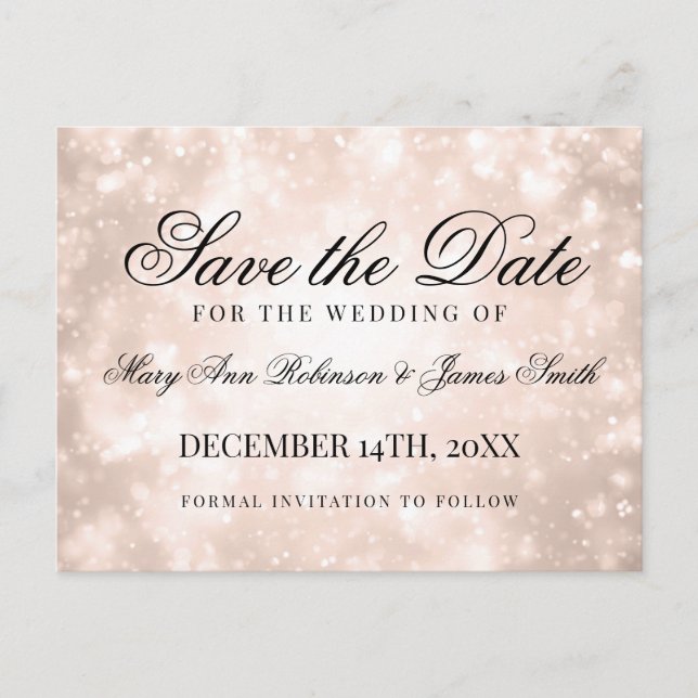 Rose Gold Champagne Bokeh Elegant Save The Date Announcement Postcard (Front)