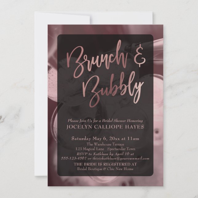 Rose Gold Champagne Brunch & Bubbly Handwriting Invitation (Front)