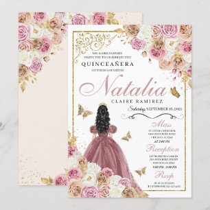 Rose Gold Champagne Butterfly Princess Quinceanera Invitation