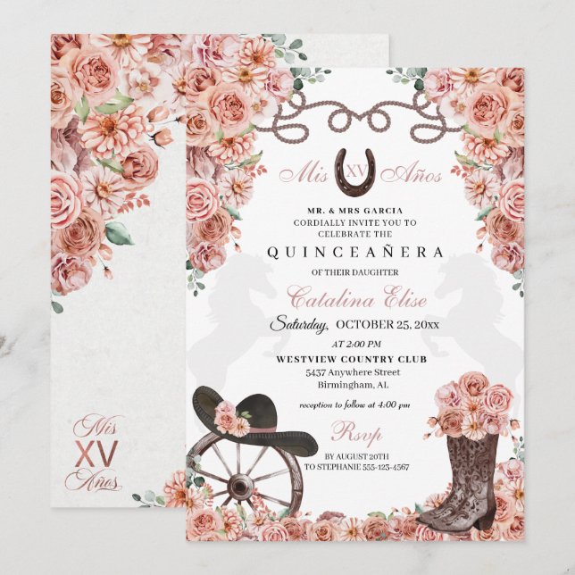 Rose Gold Champagne Western Charra Quinceanera Invitation (Front/Back)