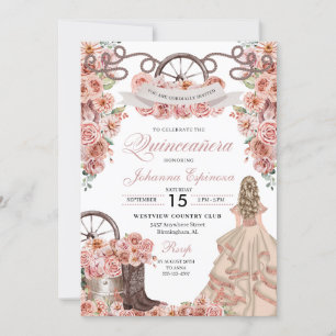 Rose Gold Champagne Western Ranchero Quinceanera Invitation